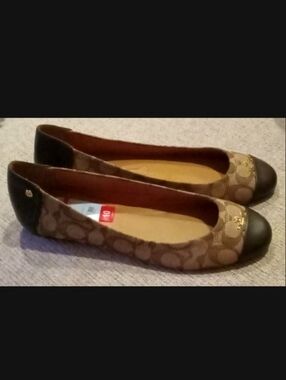 Coach Brown Signature-Pattern Ballet Flats with Black Cap Toe